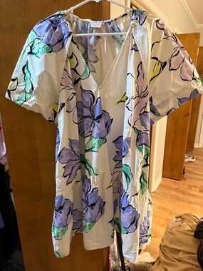 a new day Cream Floral V-Neck Puff Sleeve Dress with Lavender & Green Accents